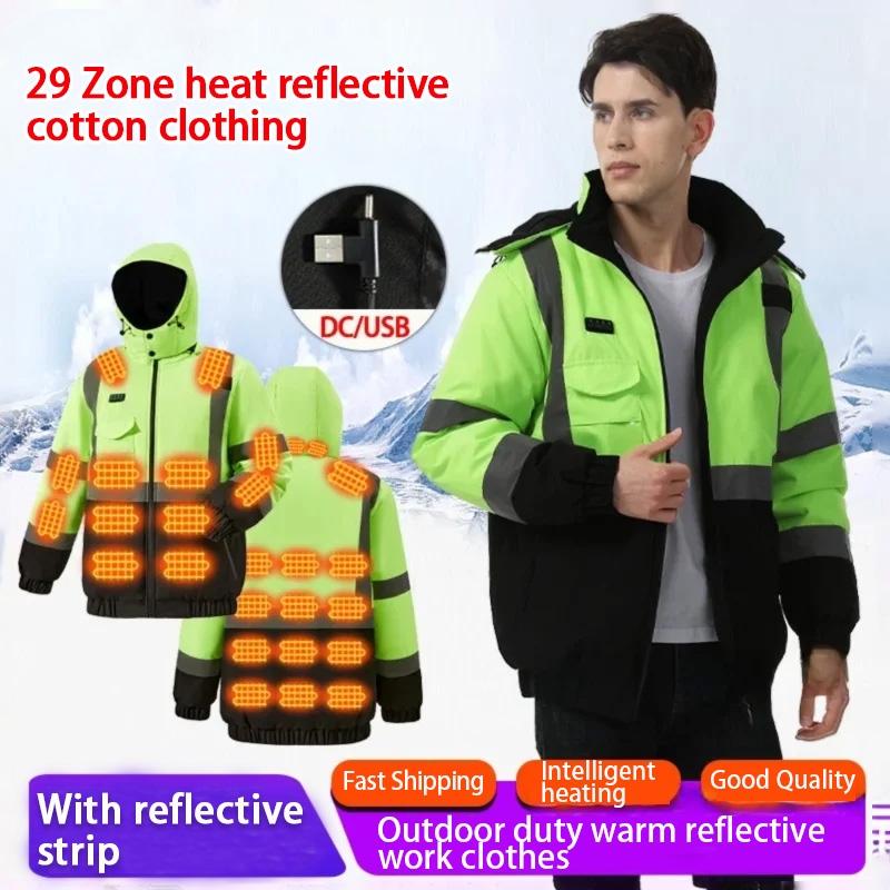 Winter Clothing Articles - 29 エリア加熱綿ジャケット冬用防寒厚手反射ストリップ付き綿服メンズアウトドアデューティ暖かい作業服