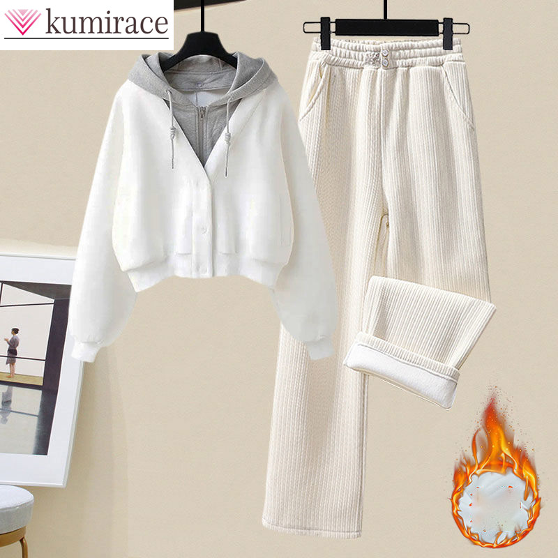 Winter Clothing Sales - 豪華で厚みのあるパーカージャケットカジュアルワイドレッグパンツツーピースエレガントな女性のパンツセット冬服トラックスーツ