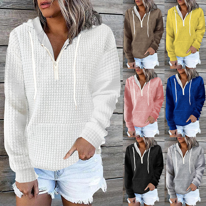 Winter Clothing Color - 女性用長袖フード付きジッパーパーカー、単色服、ワッフルグリッド、カジュアルホームウェア、ジッパーポケット、プラスサイズ