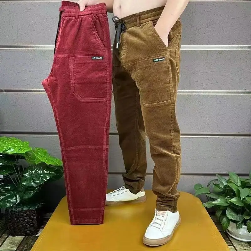 Winter Clothing Work - メンズコーデュロイカーゴパンツ,シンプルなルーズパンツ,カジュアルなアメリカンスタイル,伸縮性のある素材,複数のポケット,リブ編みのレッグジョギングパンツ