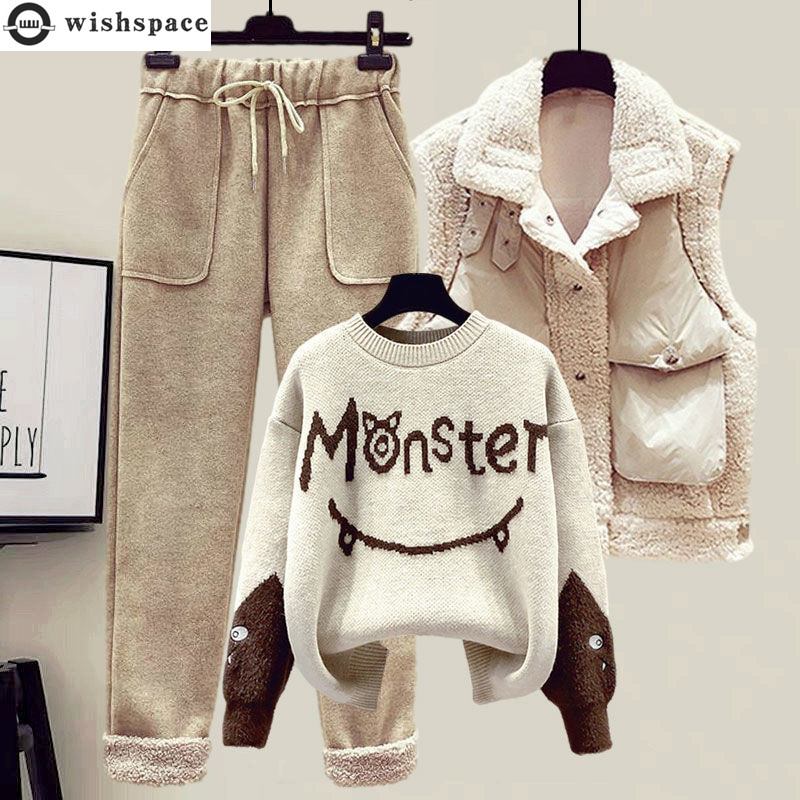 Winter Clothing Sales - 2024 冬の新カシミヤベストコート刺繍ニットセーターカジュアルパンツスリーピースエレガントな女性のパンツセット衣装