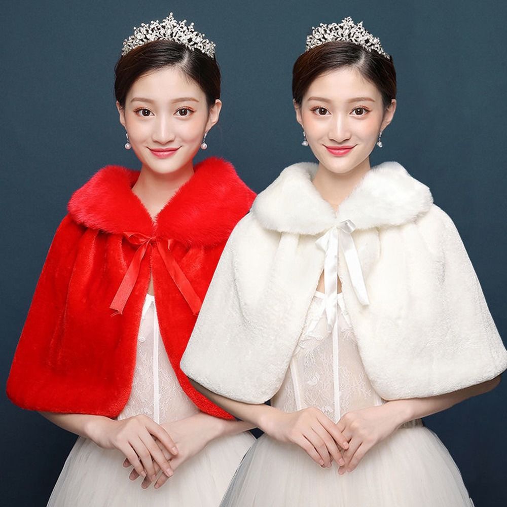 Winter Clothing Color - ホワイトレディースウィンターシックンプラッシュラップストール肘丈ウェディングブライダルショールケープウォームジャケットシュラッグ（レースアップリボン付き）
