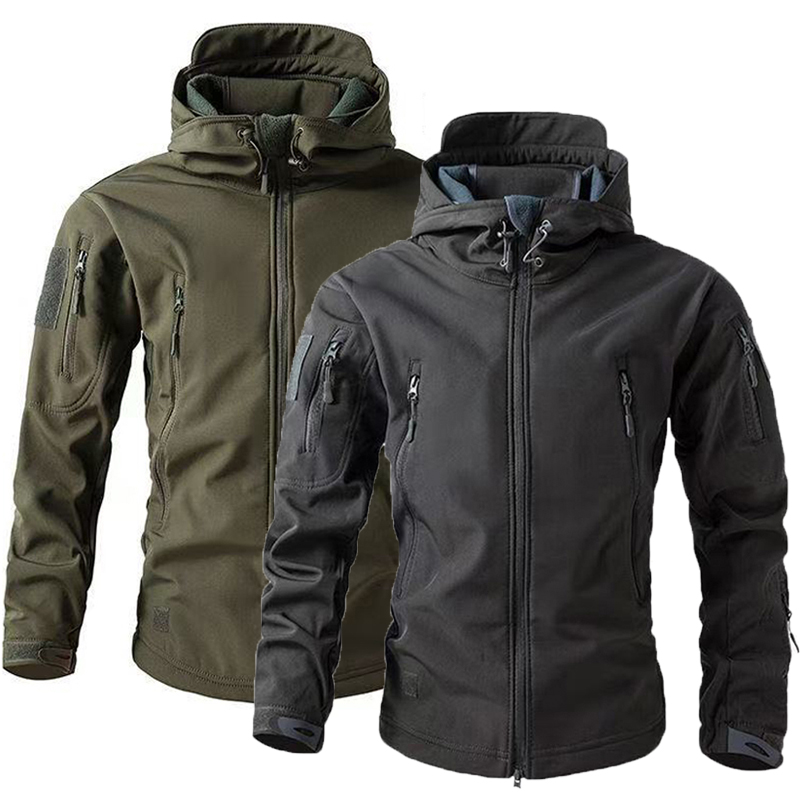 Windproof Jacket Softshell - メンズウォームソフトシェルフリースフードカーゴジャケット、防風、アウトドア、キャンプ、ハイキング、登山、狩猟、釣り、M-5XL、秋、冬