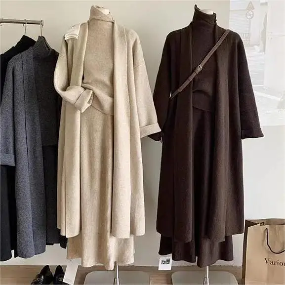 Winter Clothing Sales - 3 点セット女性ロングセーターベスト 2025 ジャンパードレス Kintted 春秋冬かぎ針編みカーディガン