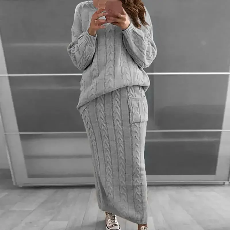 Winter Clothing Sales - セーター女性セット秋と冬のツーピースセット女性 O ネックニットセータートップスとニットスカートセット固体カジュアル暖かいドレスセット