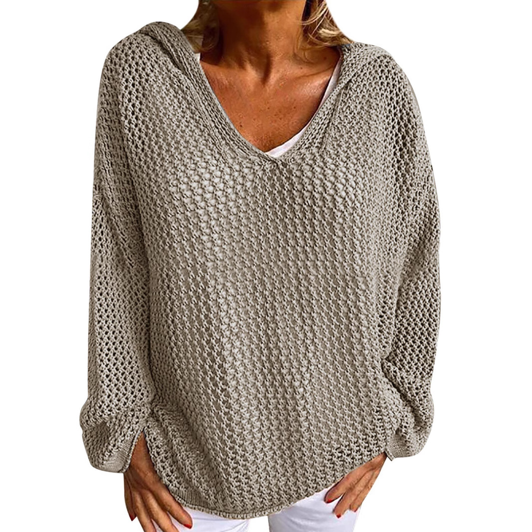 Winter Clothing Trends - ヨーロッパとアメリカの貿易婦人服フード付きルーズ長袖中空ニットセーターCw64726