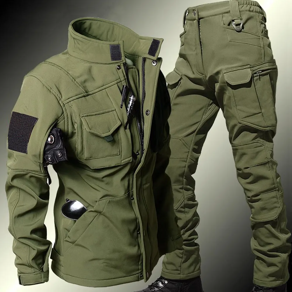 Windproof Jacket Softshell - メンズタクティカルセット冬サメ皮ソフトシェル防風防水ジャケット暖かいフリースカーゴパンツ軍服