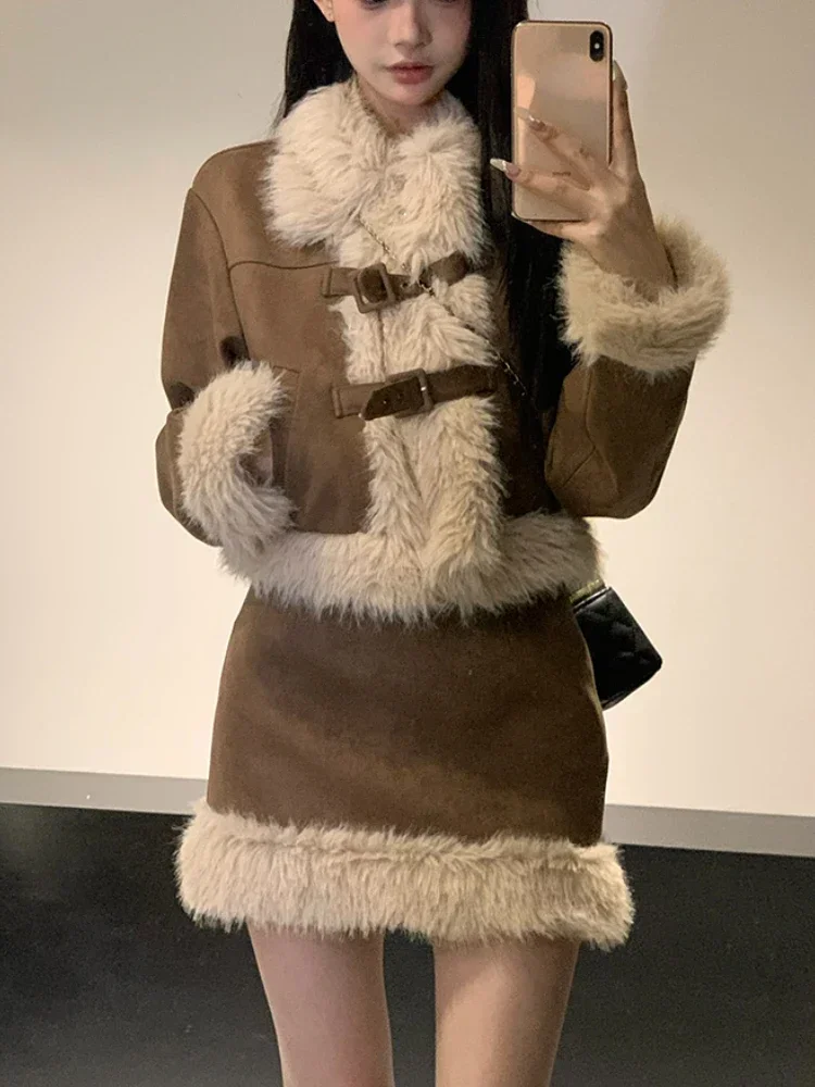 Winter Clothing Sales - 秋のレトロ風フェイクファー2ピーススカートセット レディース カジュアル Y2K ヴィンテージ ブレザー