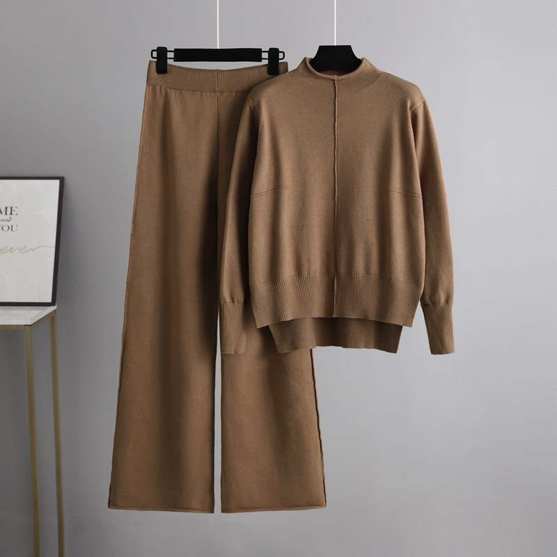 Winter Clothing Sales - 女性用ハーフハイカラーニットトラックスーツ、単色プルオーバー、伸縮性スーツ、冬用セーター、2点セット