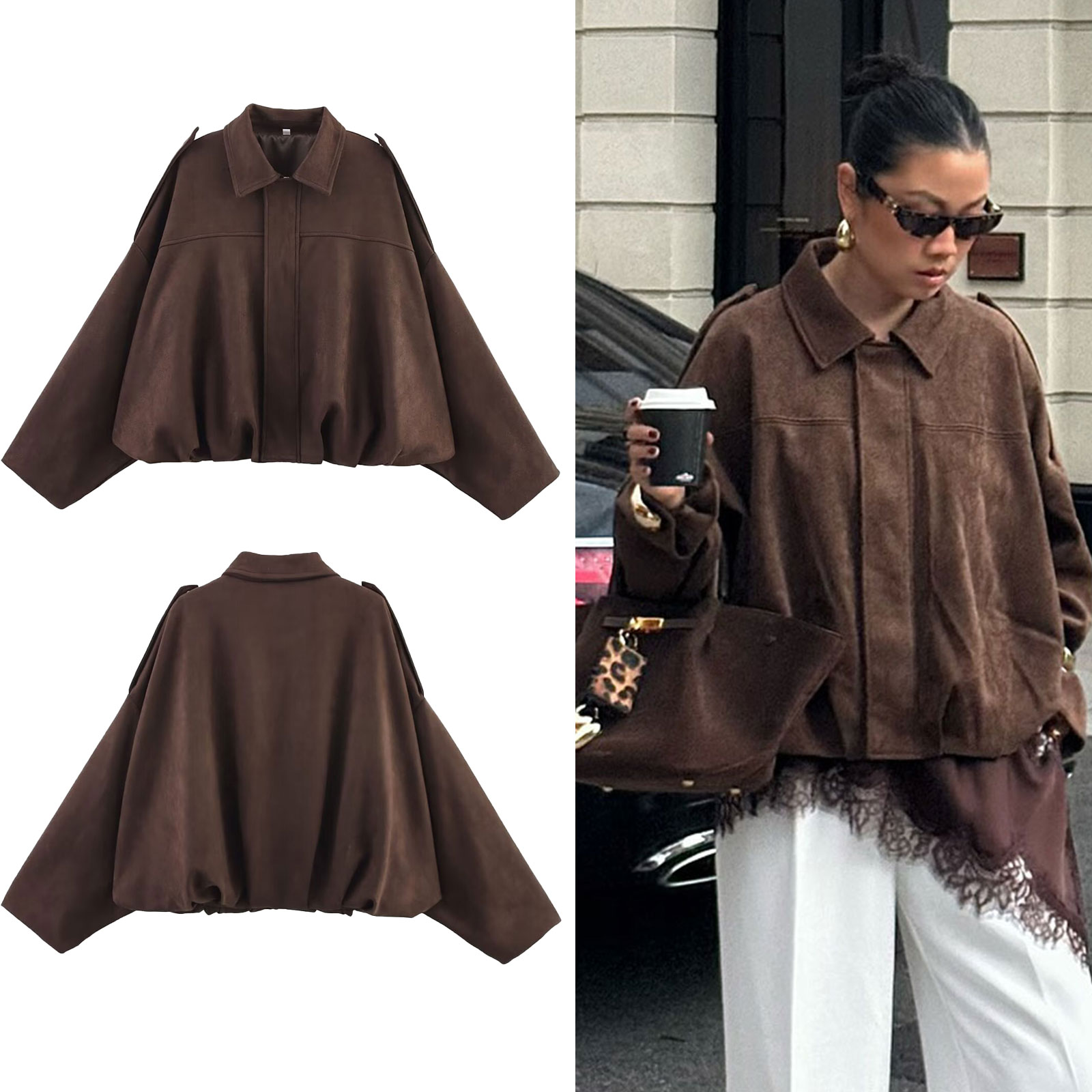 Winter Clothing Color - HH レディース ストリートファッション 無地 ルーズ スエード風