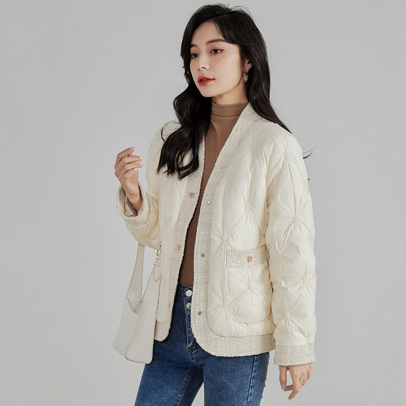 秋冬ダウンジャケット V ネックパッチワーク軽量ホワイトダッ - Winter Clothing Trends のレビューと価格