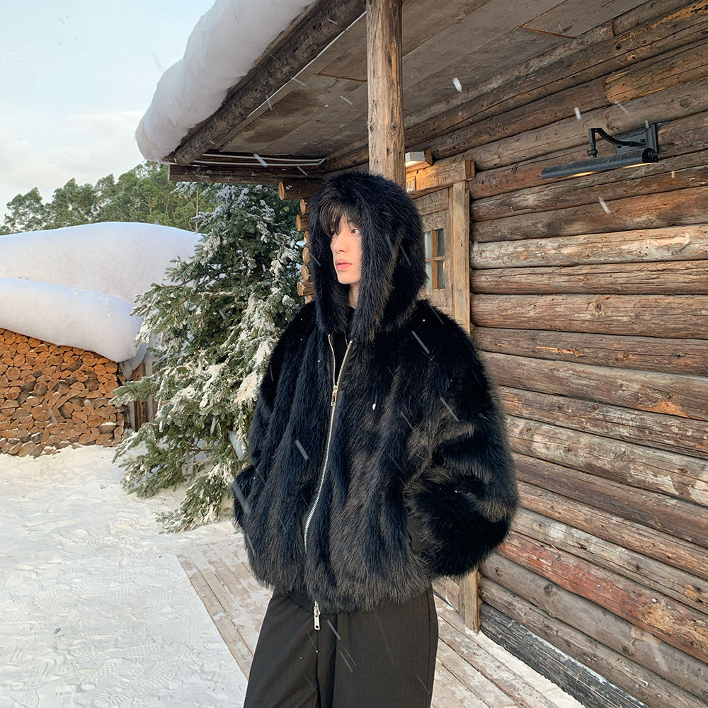 男性フェイクファーコートジャケットフード付きジッパーコート厚 - Winter Clothing Work のレビューと価格
