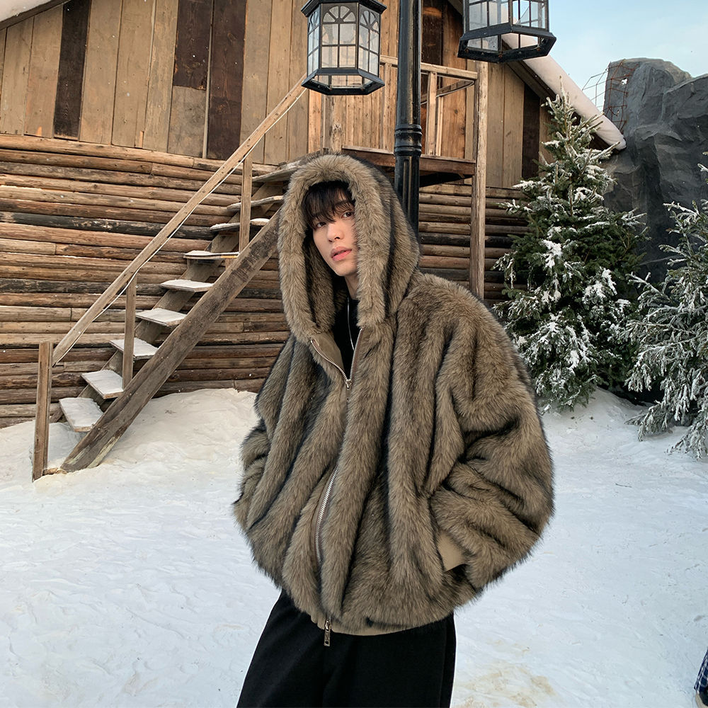 男性フェイクファーコートジャケットフード付きジッパーコート厚 - Winter Clothing Work のレビューと価格