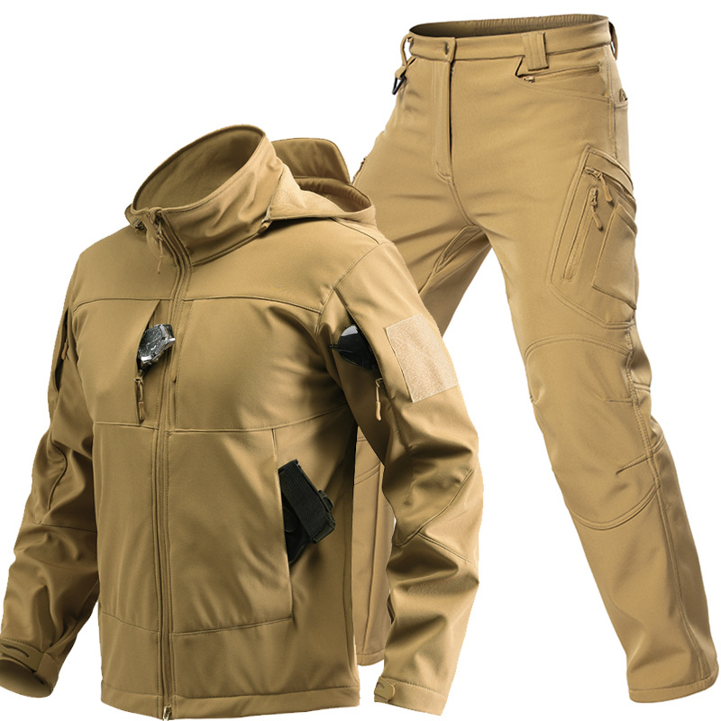秋冬防風シャークスキンフード付きジャケット男性新カーキ軍戦術 - Windproof Jacket Softshell のレビューと価格